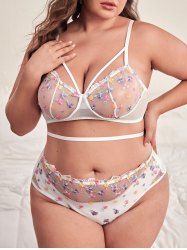 Plus Size Embroidered Sheer Mesh Strappy Bra Set -  
