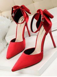 Silky Satin Bow Detail High Heeled Pointed Toe Pumps -  