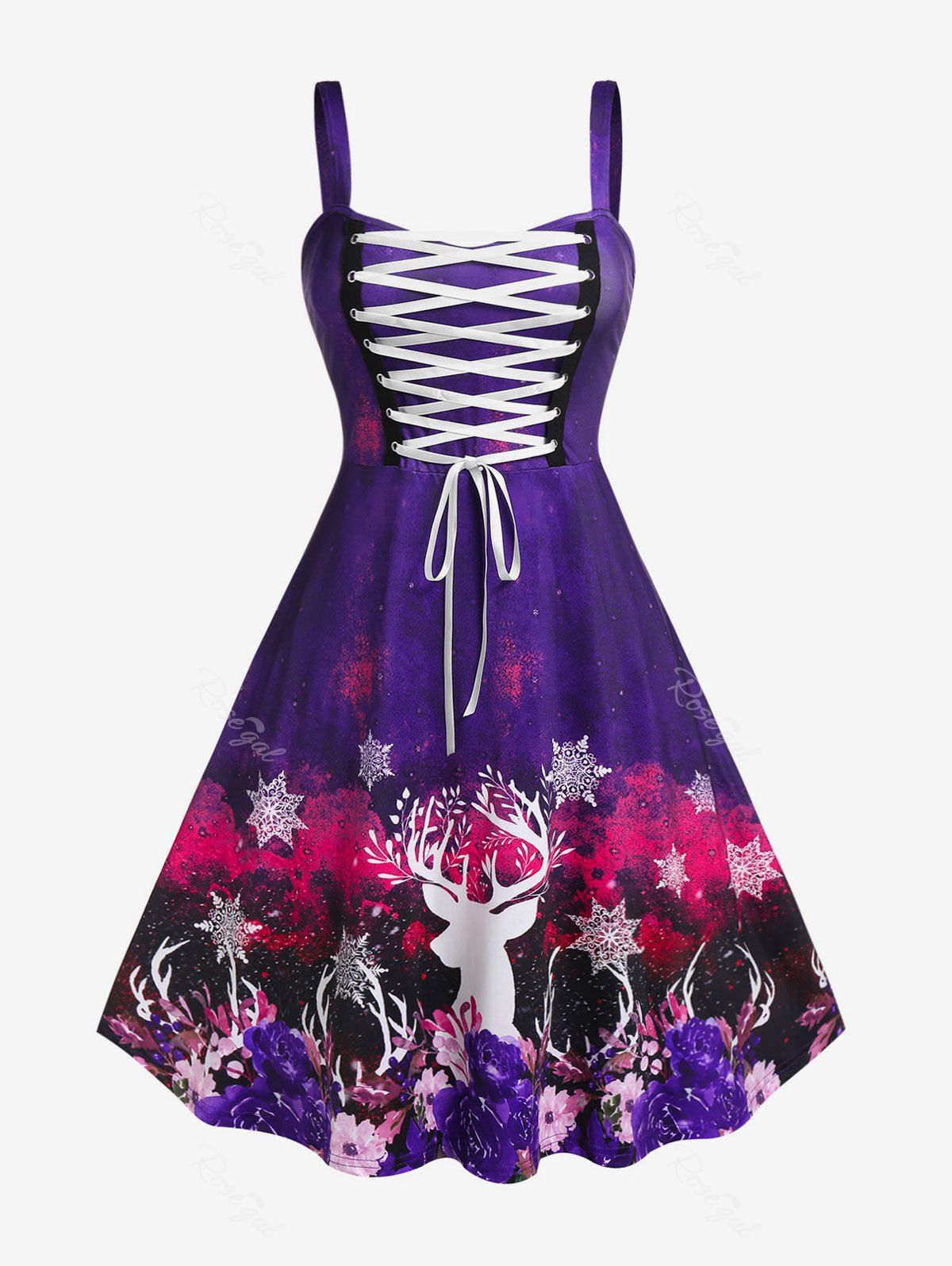 Online Plus Size Christmas Elk Snowflake Lace Up A Line Dress  