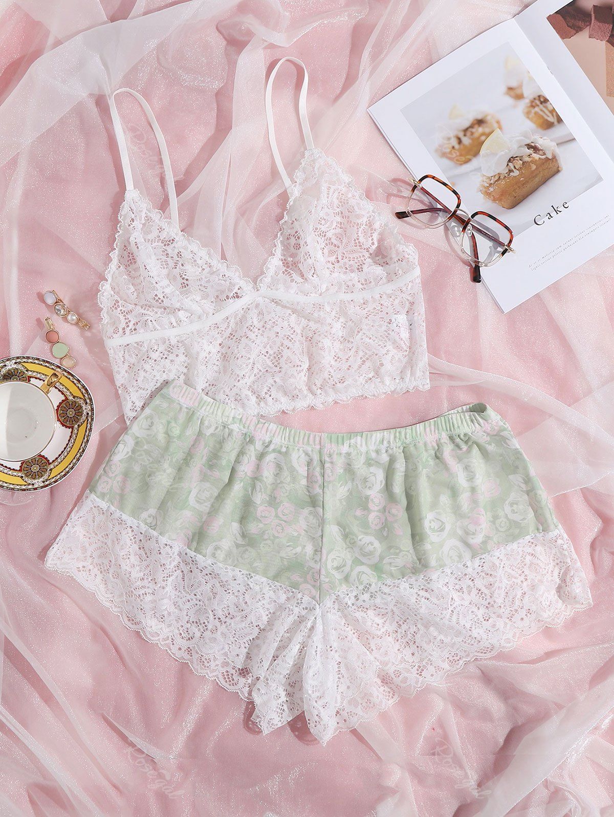 Buy Plus Size Lace Camisole and Mesh Panel Floral Shorts Set  