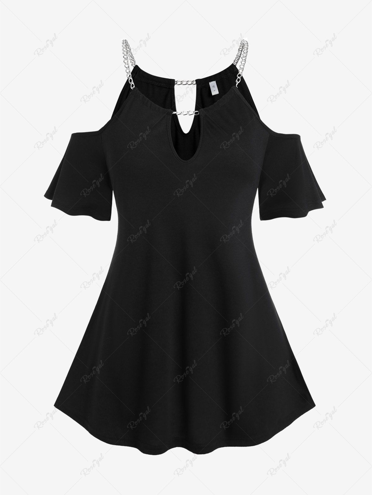 Store Plus Size Keyhole Cold Shoulder Chains Solid Tee  