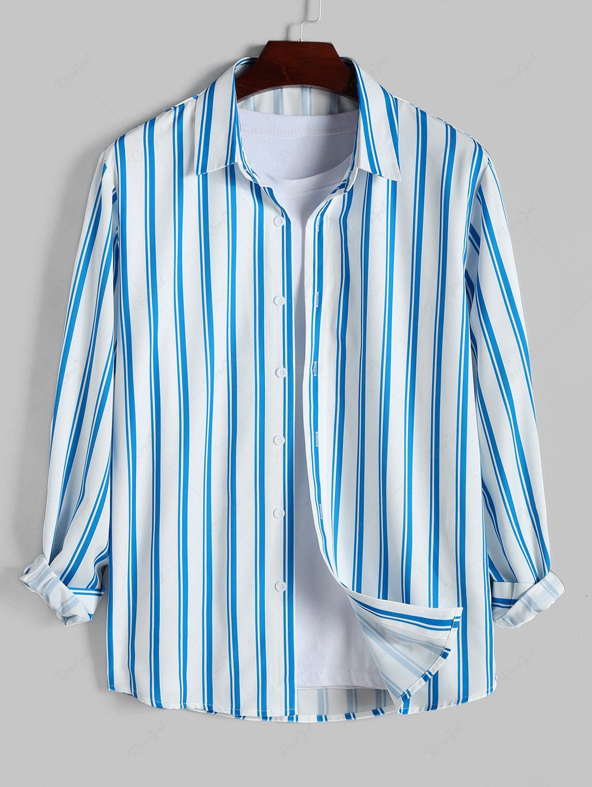 Trendy Striped Pattern Asymmetric Hem Long Sleeves Shirt  