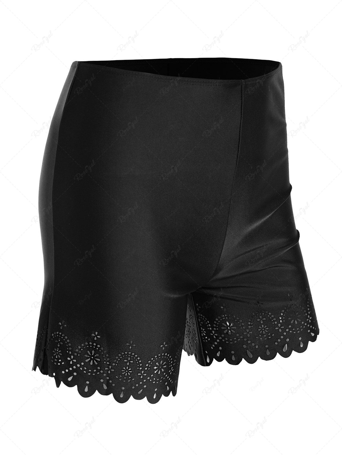 Latest Hollow Out Flower Pattern Plain Color Elastic Waist Swimsuit Boyshorts  