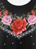 T-shirt Motif Floral de Grande Taille à Col Rond - Noir 3X