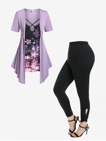 Flower Twofer Draped Criss Cross Tee and High Rise Cutout Twist Leggings Plus Size Outfit - LIGHT PURPLE