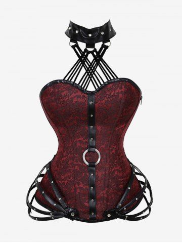 Gothic Halter Crisscross PU Leather Strappy Brocade Corset - DEEP RED - 1XL