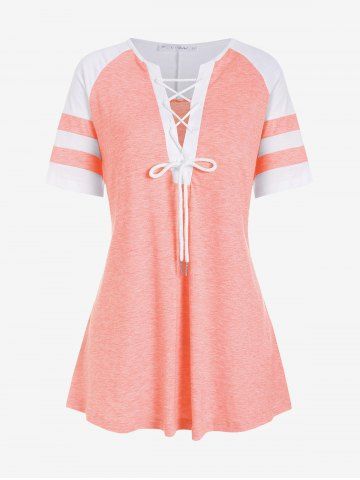 Plus Size Lace-up Raglan Sleeves Two Tone Tee - LIGHT PINK - 5X