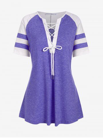 Plus Size Lace-up Raglan Sleeves Two Tone Tee - PURPLE - L