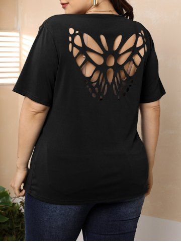 T-shirt Découpé Papillon Au Dos en Couleur Unie de Grande Taille - BLACK - L