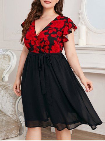 Plus Size Floral Short Sleeves A Line Surplice Dress with Flounce - RED - 1XL
