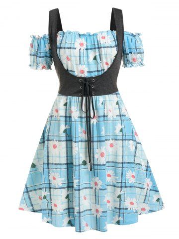 Plus Size Plaid Daisy Print Lace Up Faux Twinset Dress - LIGHT BLUE - L | US 12