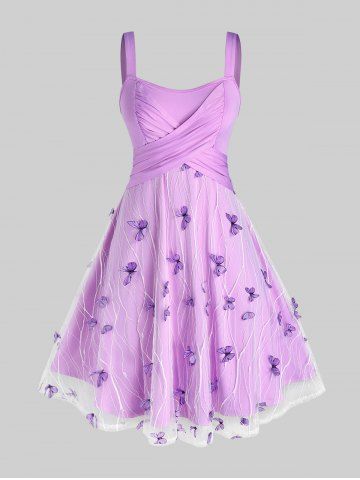 Plus Size Lace Butterfly Crossover Ruched Backless Dress - LIGHT PURPLE - 1X | US 14-16