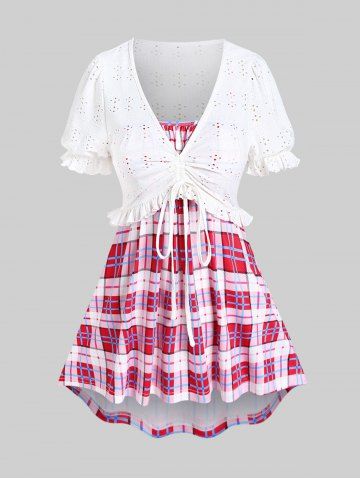 Plus Size Broderie Anglaise Ruffles Cinched Short Top and Asymmetric Plaid Tank Top Set - LIGHT PINK - 1X | US 14-16