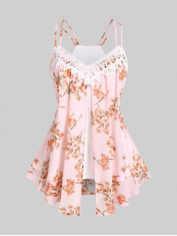 Plus Size Floral Guipure Lace Panel Flyaway Sleeveless Top