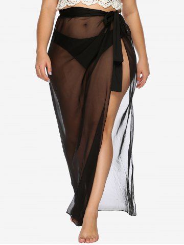 Plus Size See Thru Wrap Cover Up Skirt - BLACK - L