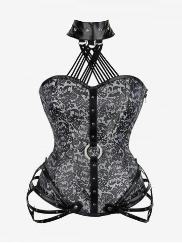 Gothic Halter Crisscross PU Leather Strappy Brocade Corset - GRAY - 1XL