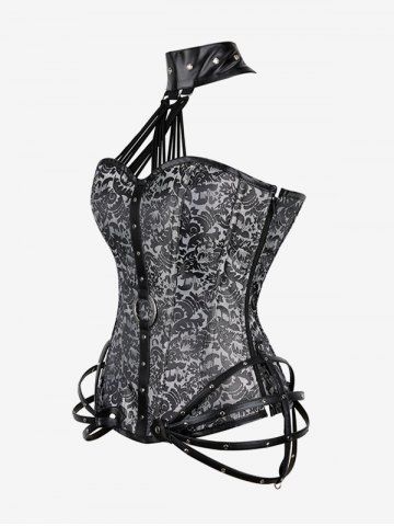 Gothic Halter Crisscross PU Leather Strappy Brocade Corset
