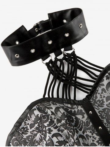 Gothic Halter Crisscross PU Leather Strappy Brocade Corset