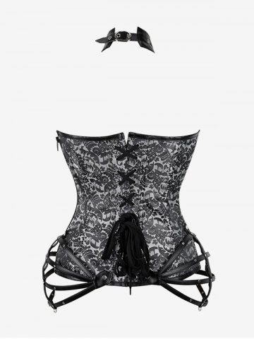 Gothic Halter Crisscross PU Leather Strappy Brocade Corset