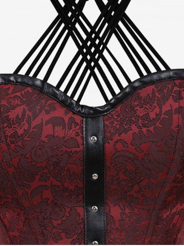 Gothic Halter Crisscross PU Leather Strappy Brocade Corset