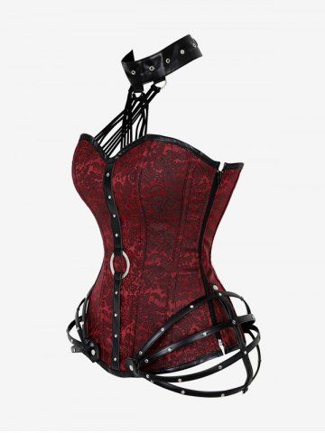 Gothic Halter Crisscross PU Leather Strappy Brocade Corset