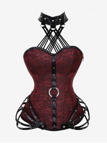 Gothic Halter Crisscross PU Leather Strappy Brocade Corset