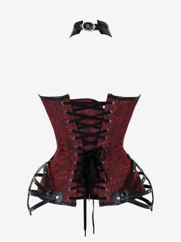 Gothic Halter Crisscross PU Leather Strappy Brocade Corset