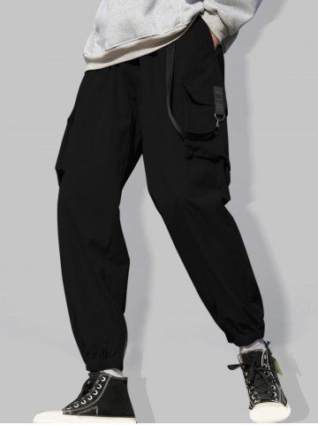 Strap Design Multi Pockets Solid Color Cargo Pants - BLACK - S