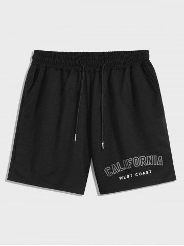 Pocket California Print Drawstring Shorts - BLACK - S