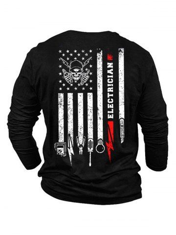 Skull American Flag Letter Print Graphic Long Sleeve T-shirt - BLACK - XL