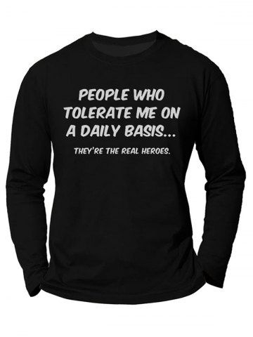 Letter Print Slogan Round Neck Long Sleeve T Shirt - BLACK - L