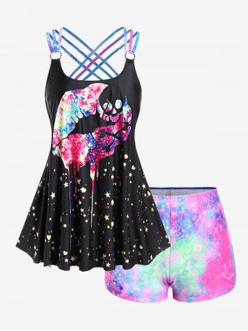 Plus Size Lip Printed Padded Boyleg Strappy Tankini Swimsuit - BLACK - S | US 8