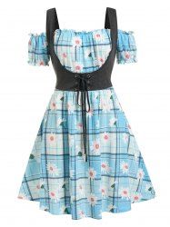 Plus Size Plaid Daisy Print Lace Up Faux Twinset Dress -  