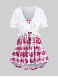 Plus Size Broderie Anglaise Ruffles Cinched Short Top and Asymmetric Plaid Tank Top Set -  
