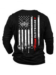Skull American Flag Letter Print Graphic Long Sleeve T-shirt -  