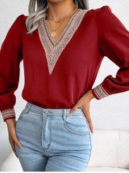 Hollow Out Embroidery V Neck Long Sleeve Blouse -  