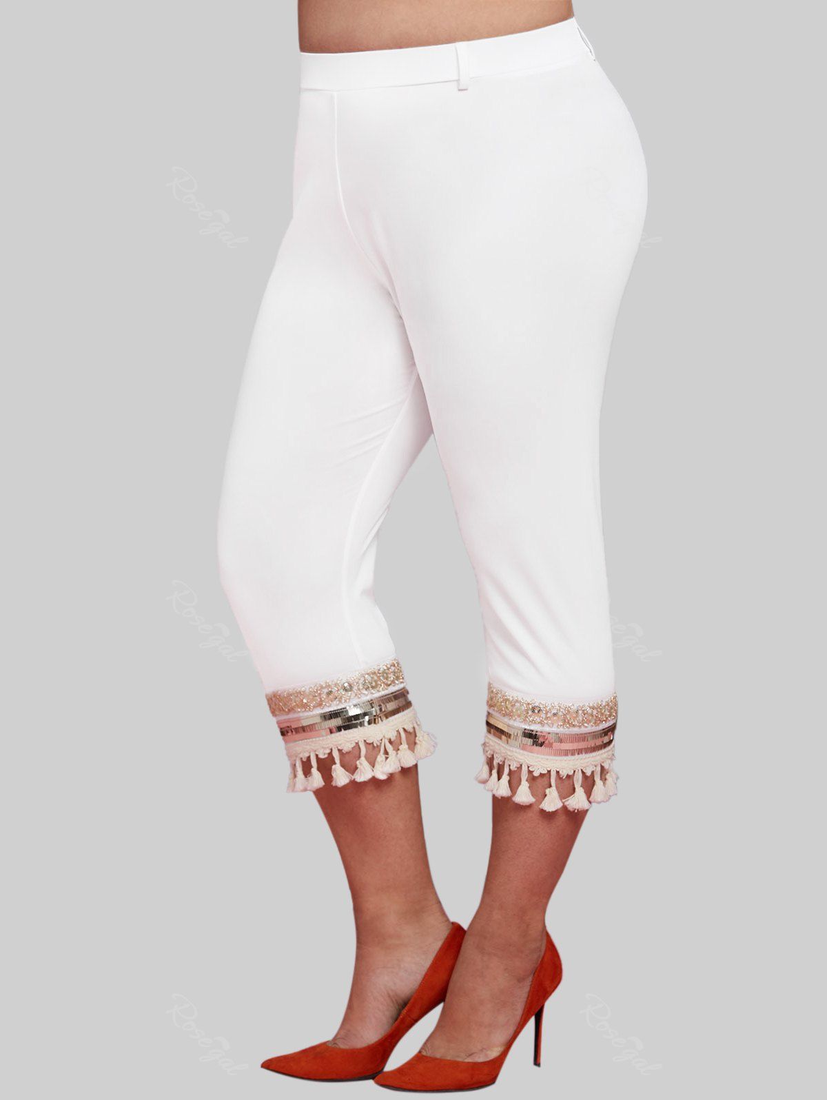 Pantalon Capri à Paillettes Brillantes Grande Taille Blanc 1X