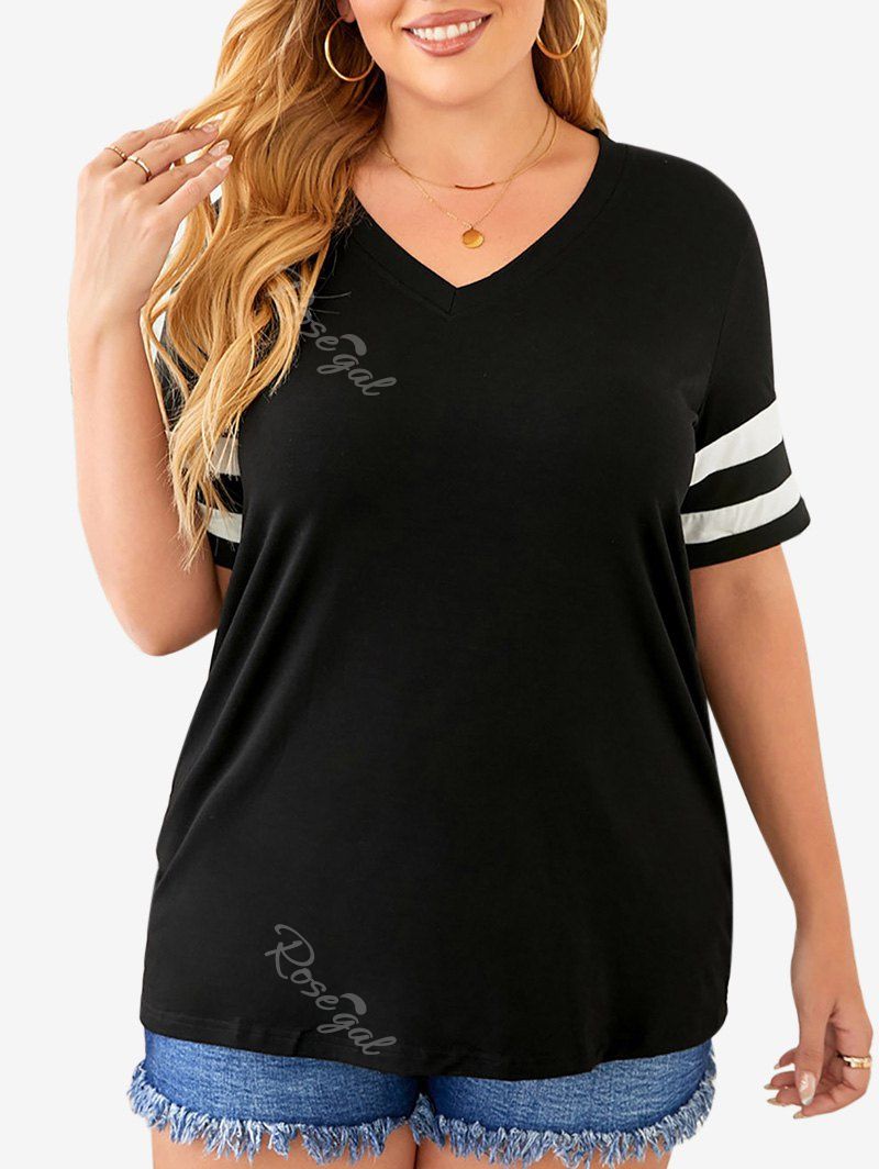 Chic Plus Size Two Tone V Neck Tee  