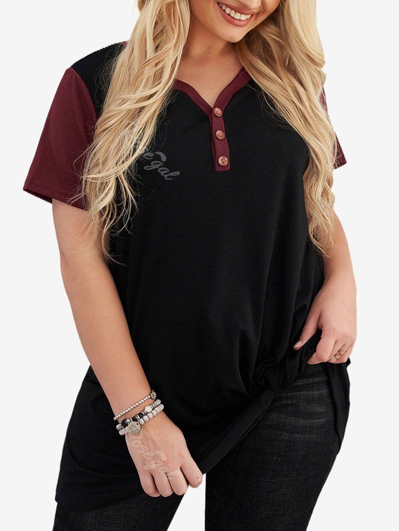 Fashion Plus Size V Neck Two Tone Tee with Buttons  