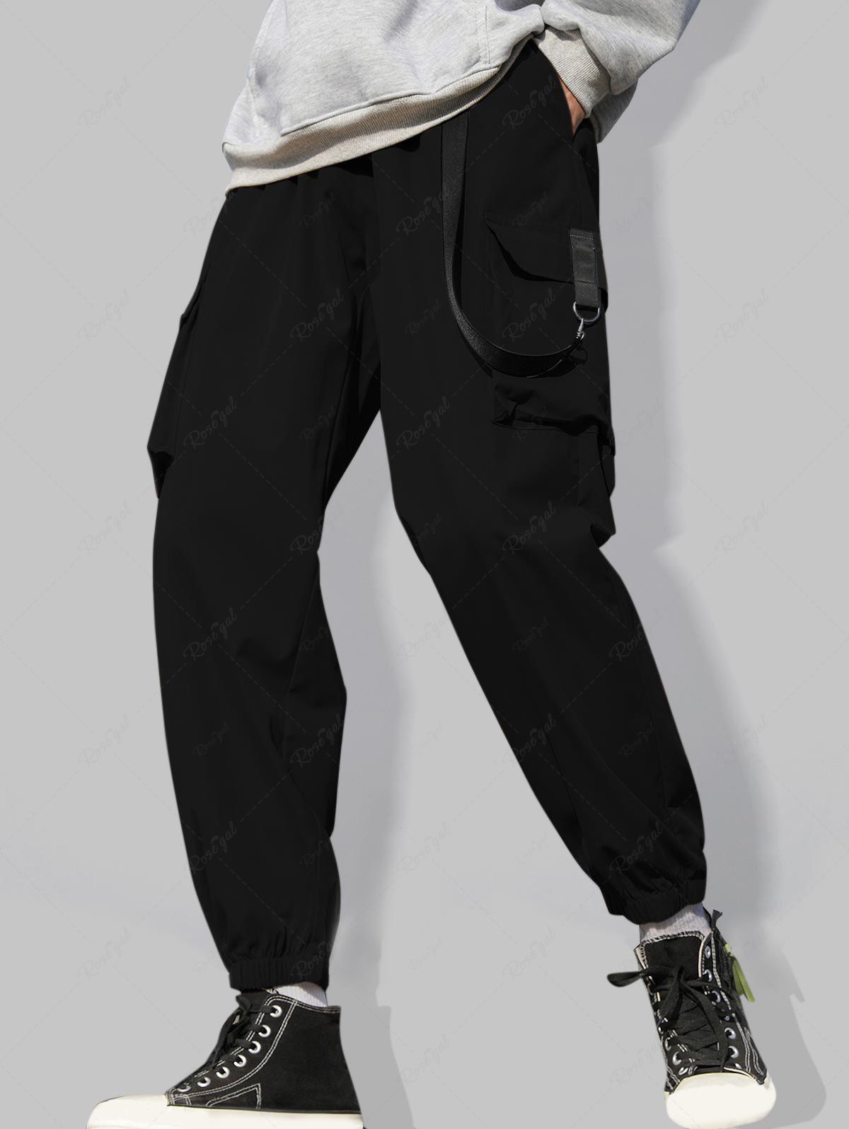 Shop Strap Design Multi Pockets Solid Color Cargo Pants  