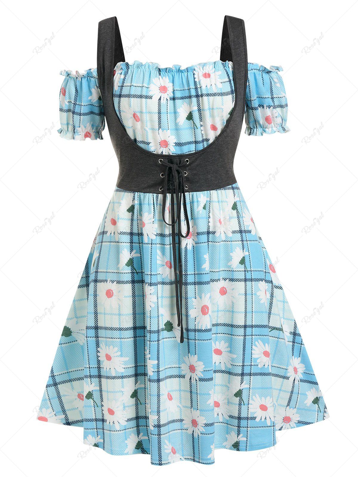 New Plus Size Plaid Daisy Print Lace Up Faux Twinset Dress  