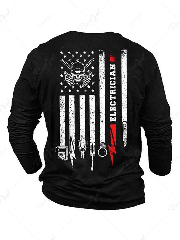 Outfit Skull American Flag Letter Print Graphic Long Sleeve T-shirt  