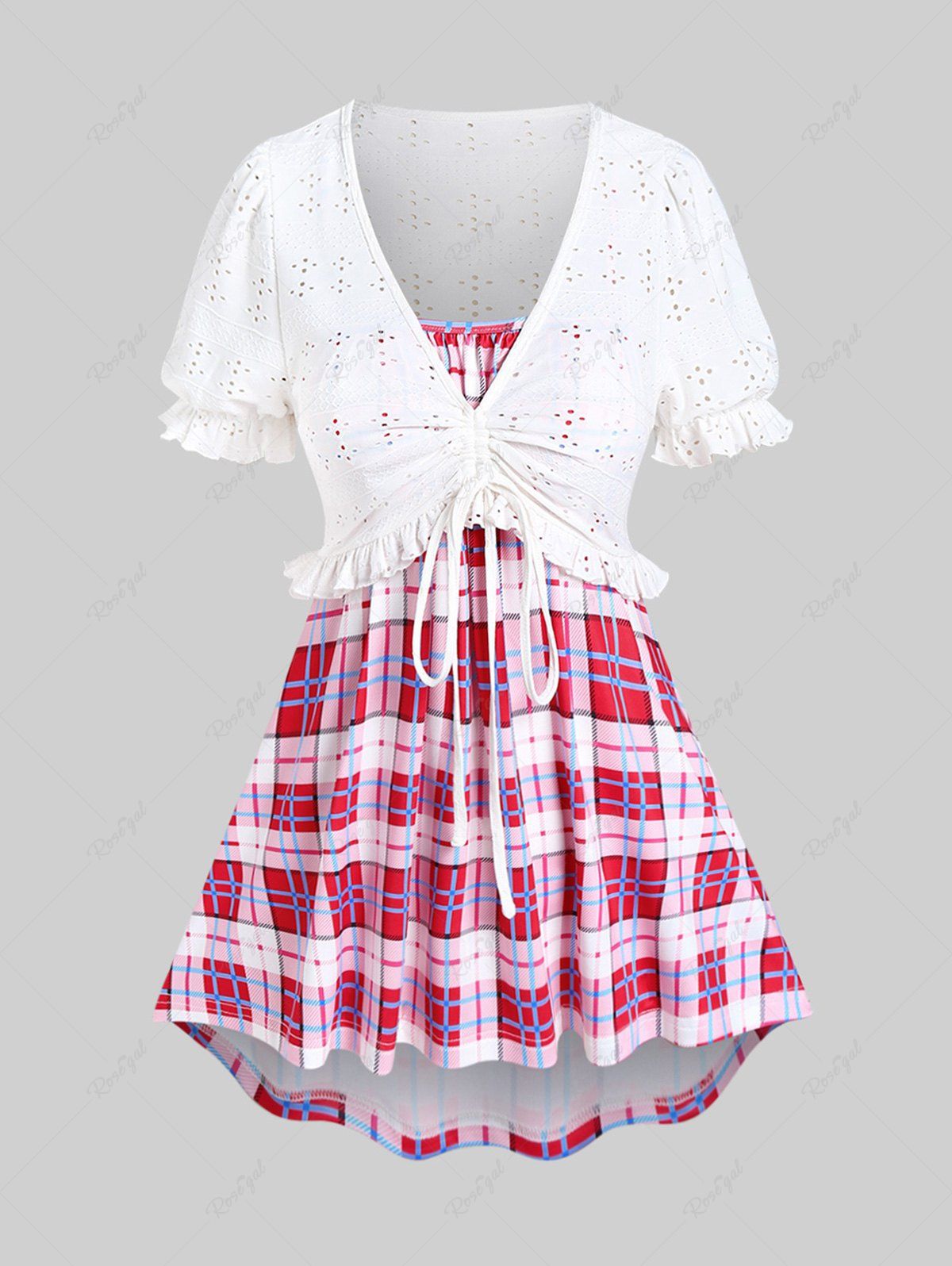 Affordable Plus Size Broderie Anglaise Ruffles Cinched Short Top and Asymmetric Plaid Tank Top Set  