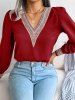 Hollow Out Embroidery V Neck Long Sleeve Blouse -  