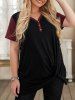 Plus Size V Neck Two Tone Tee with Buttons -  