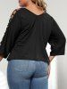T-shirt Découpé en Couleur Unie de Grande Taille à Manches Raglan - Noir 1XL
