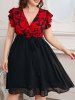 Plus Size Floral Short Sleeves A Line Surplice Dress with Flounce -  