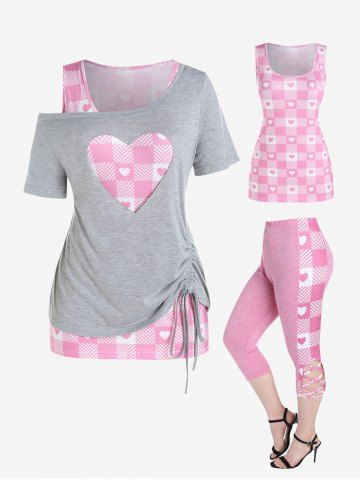 Valentines Skew Neck Cinched Plaid Heart Top Set and Crisscross Leggings Plus Size Summer Outfit - Light Gray