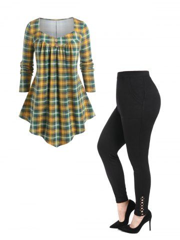 Buttons Plaid Pattern T Shirt and Hollow Out Solid Trim Skinny Leggings Plus Size Outfits - YELLOW