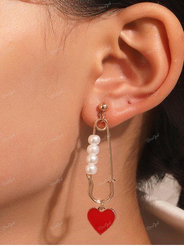 Valentine's Day Heart Pendant Pearl Paperclip Drop Earrings - RED